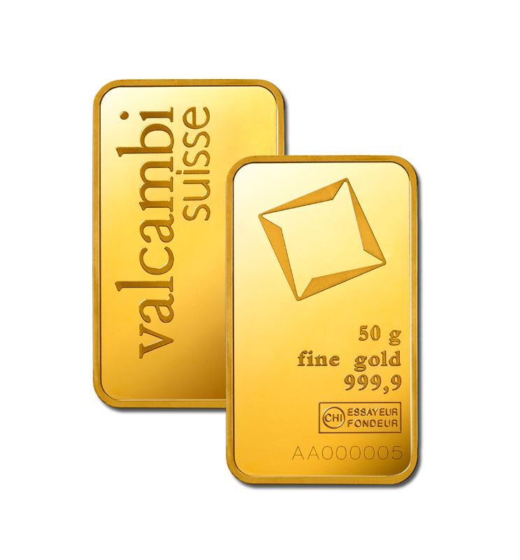 Valcambi 50g Gold Bar — front and back views